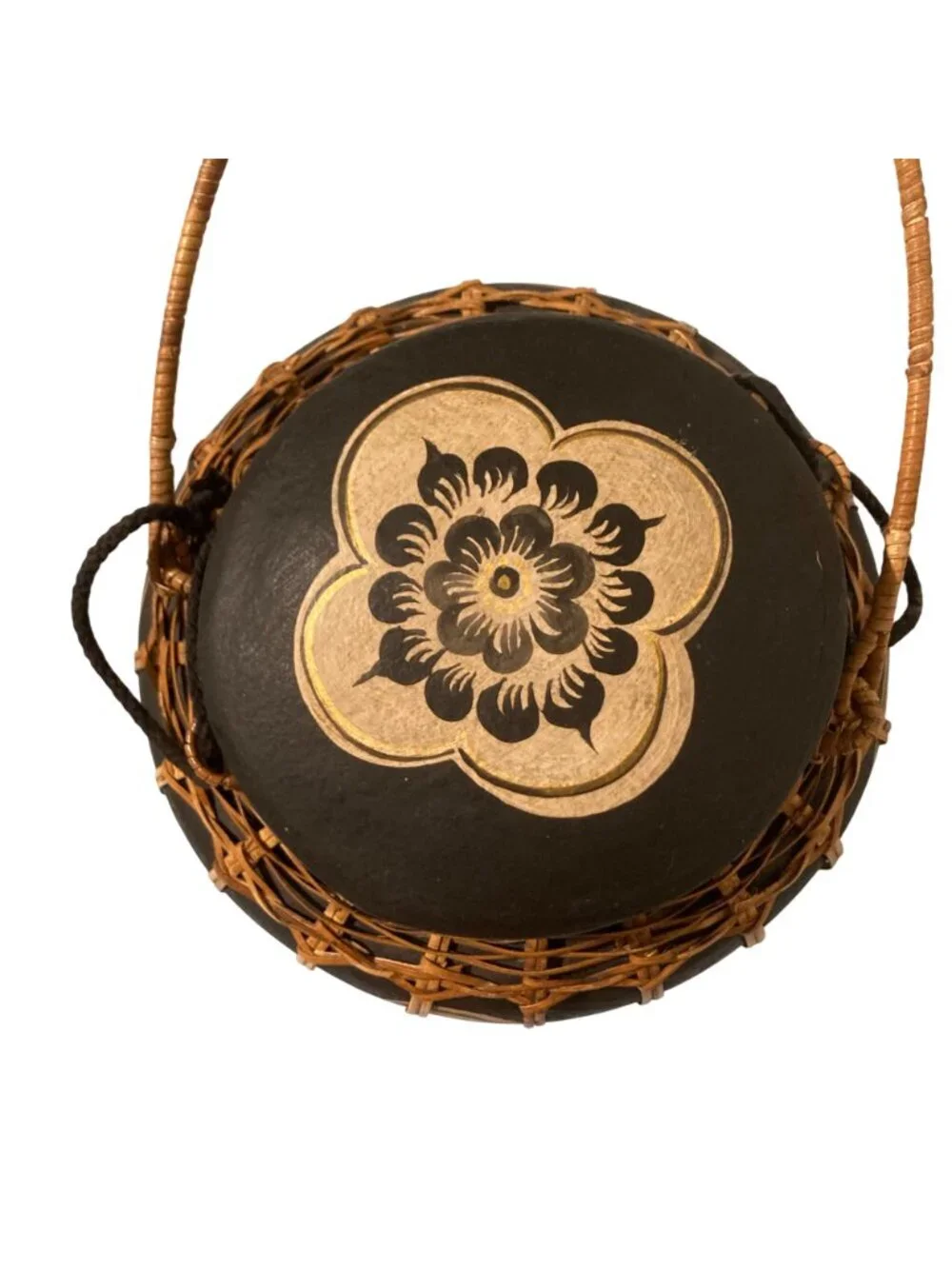 Vintage Thai Bamboo And Wood Rice Basket Hand Painted Floral Design